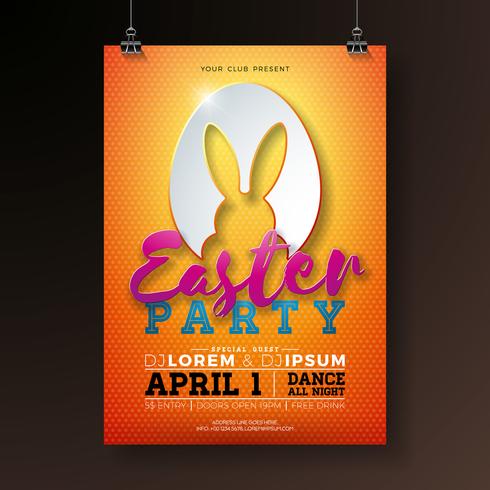 Vector Easter Party Flyer Illustration with rabbit ears in cutting egg silhouette and typography elements on orange background. Spring holiday celebration poster design template.