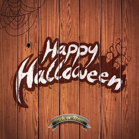 Vector el ejemplo del feliz Halloween con los elementos y la araña tipográficos en el fondo de madera.