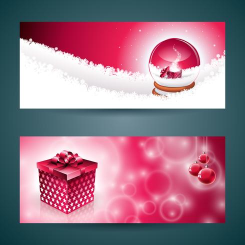 Vector Merry Christmas banner illustration with gift box and magic snow globe on red background.