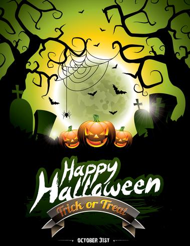 Vector el ejemplo en un tema del feliz Halloween en fondo de la luna.