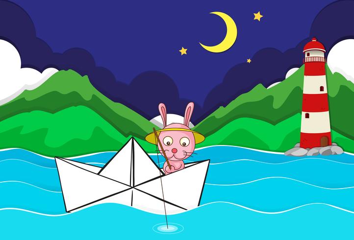 Escena de río con conejo pescando en paperboat vector