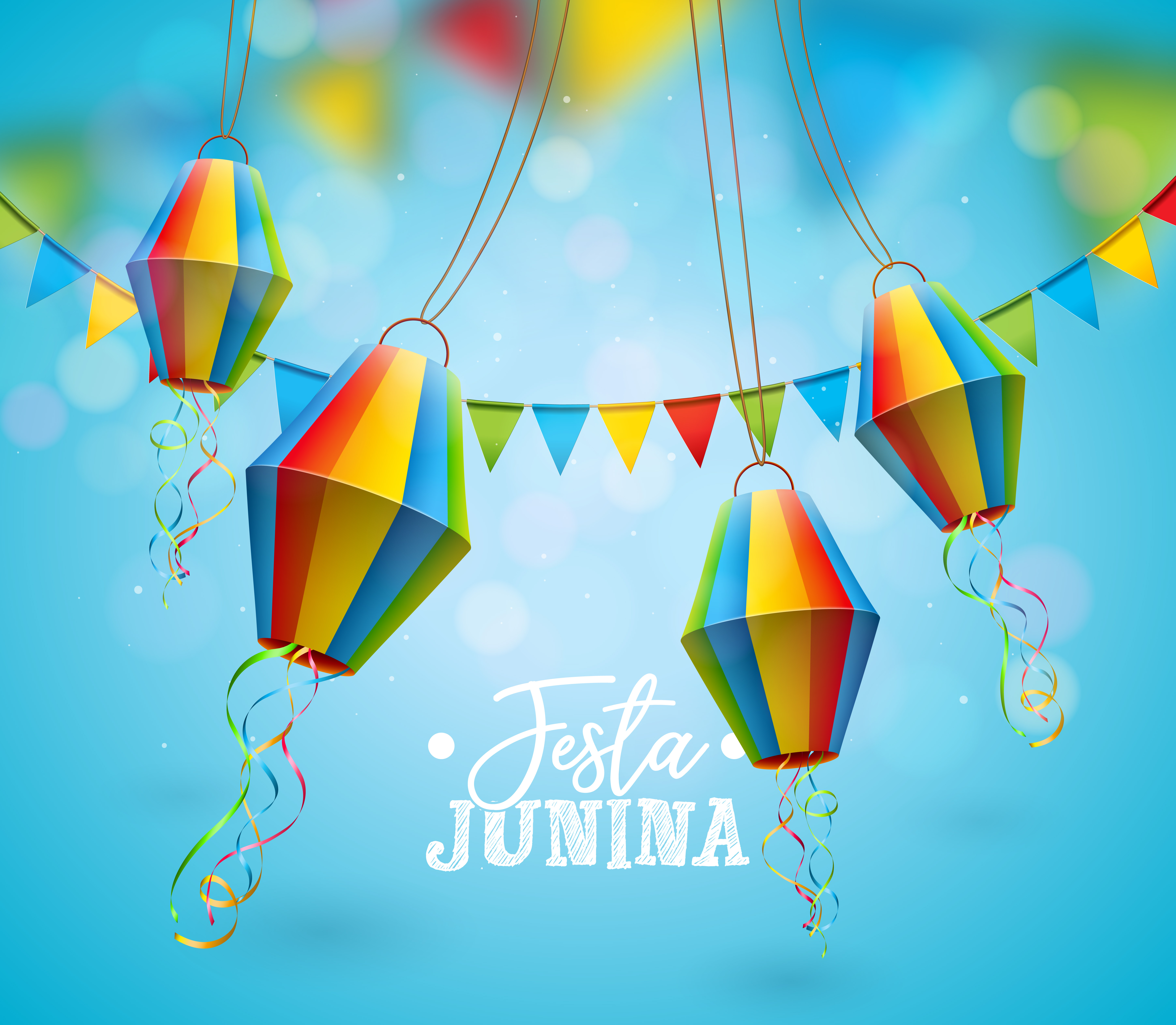 Festa Junina Illustration with Party Flags and Paper Lantern on Blue
