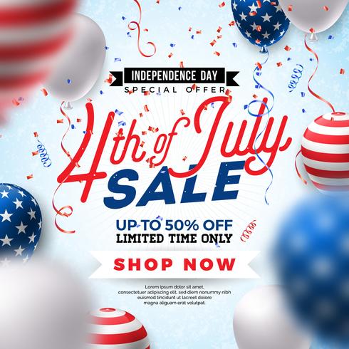 Fourth of July. Independence Day Sale Banner Design with Balloon on Confetti Background. USA National Holiday Vector Illustration with Special Offer Typography Elements for Coupon