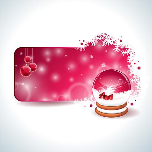 Vector Christmas design with magic snow globe and red glass ball on snowflakes background.