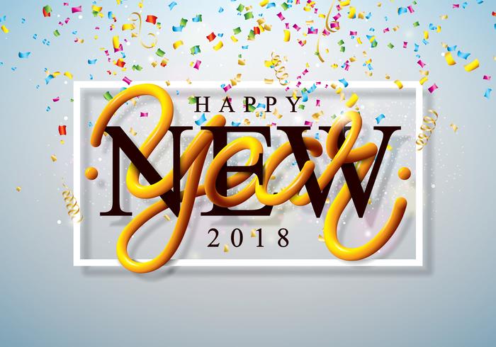 Feliz año nuevo 2018 ilustración con confeti colorido y letras 3d sobre fondo claro brillante. Vector de diseño de vacaciones para la tarjeta de felicitación Premium, invitación del partido o banner promocional.