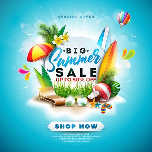 Summer Sale Design with Flower, Beach Holiday Elements and Exotic Leaves on Blue Background. Tropical Floral Vector Illustration with Special Offer Typography for Coupon