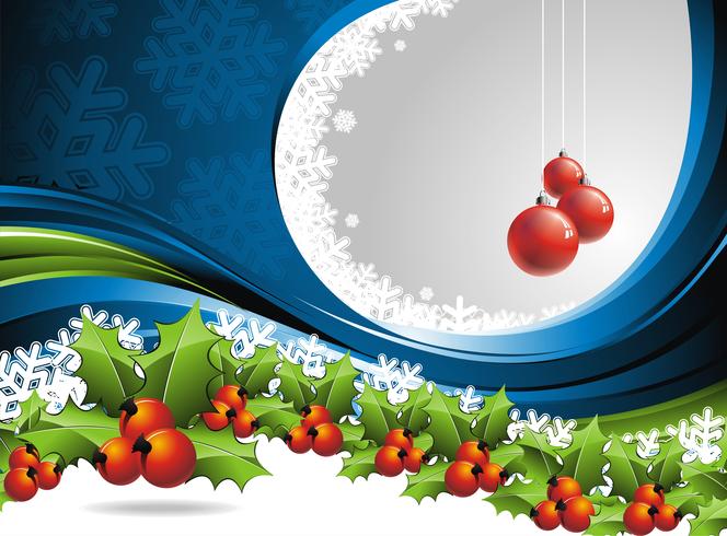 Vector Christmas design with hollys on blue background