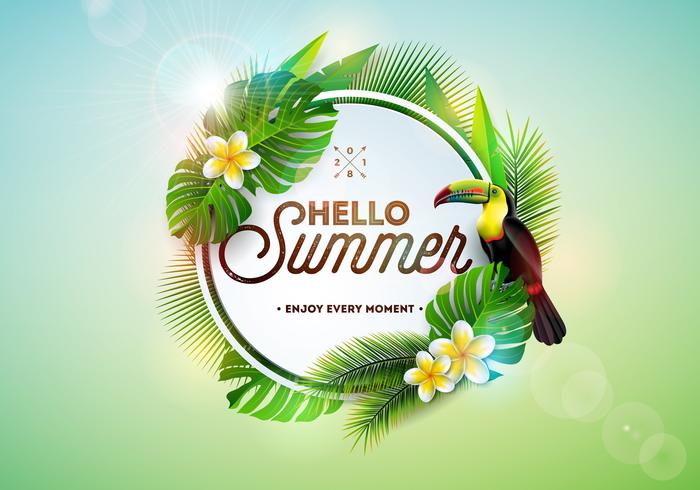 Hello Summer illustration with toucan bird on tropical background. Exotic leaves and flower with holiday typography element. Vector design template for banner