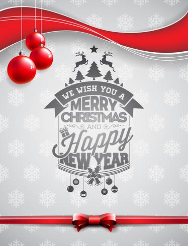 Vector Merry Christmas Holiday and Happy New Year illustration with typographic design and glass balls on snowflakes background.