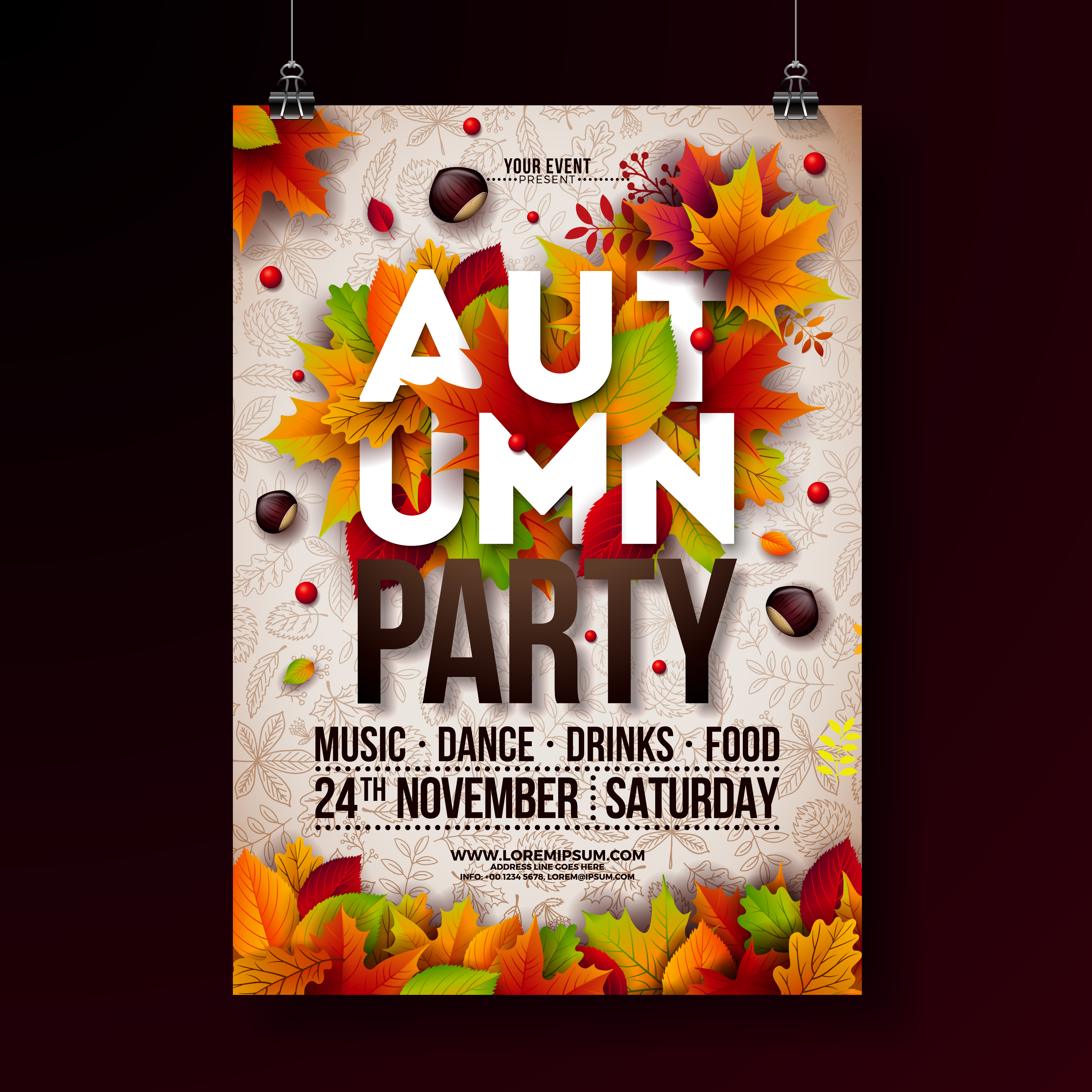 Autumn Party Flyer Illustration with falling leaves and typography