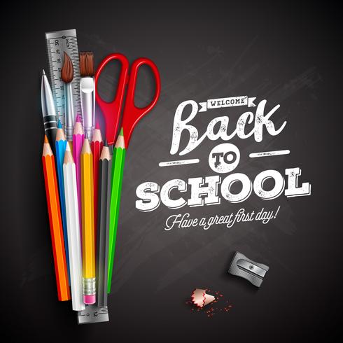Volver al diseño de la escuela con letras de lápiz, pluma y tipografía de colores sobre fondo negro pizarra. Ilustración vectorial con regla, tijeras, pincel vector