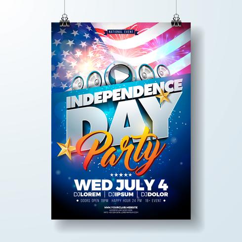 Día de la independencia de la fiesta de Estados Unidos Flyer ilustración con bandera y cinta. Vector de cuatro de julio diseño sobre fondo oscuro