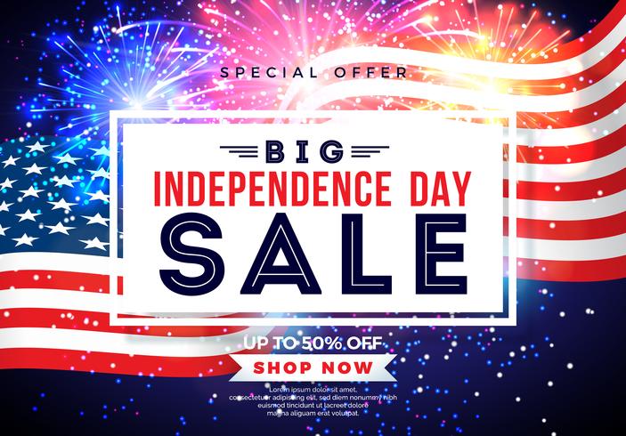 Fourth of July. Independence Day Sale Banner Design with Flag on Firework Background. USA National Holiday Vector Illustration with Special Offer Typography Elements for Coupon
