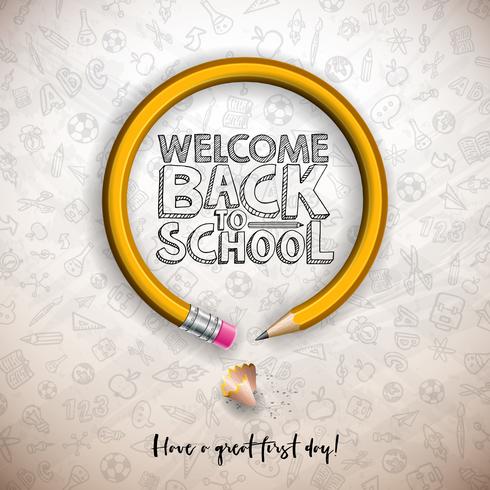 Back to school design with graphite pencil and typography lettering on white board background. Vector School illustration with hand drawn doodles for greeting car