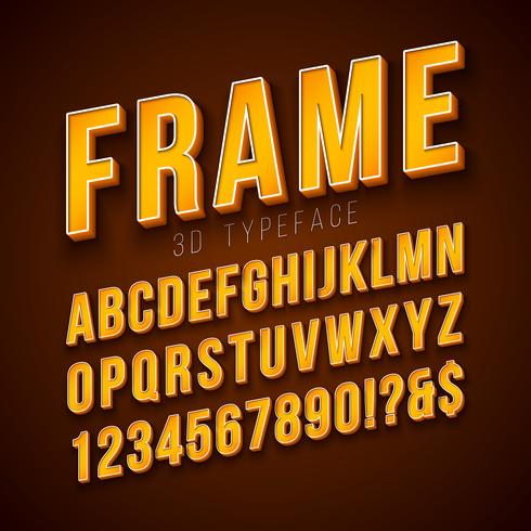 Vector 3d Alphabet Font with Frame and Shadow on Red Background. Modern Typeface Design Collection with ABC, Number and Special Characters for Banner