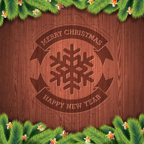 Engraved Merry Christmas and Happy New Year typographic design with fir tree on wood texture background. vector