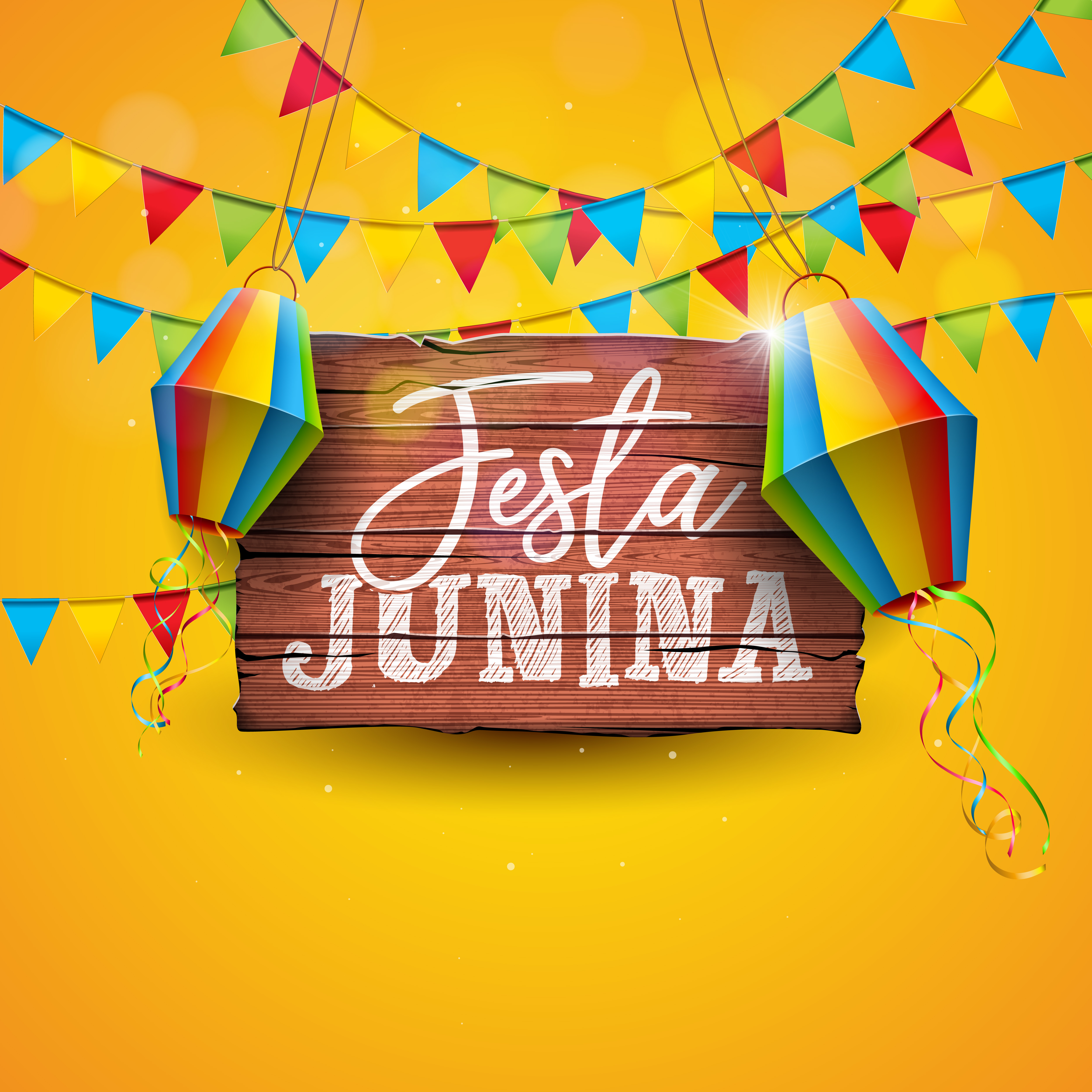 Festa Junina Illustration with Party Flags and Paper Lantern on Yellow