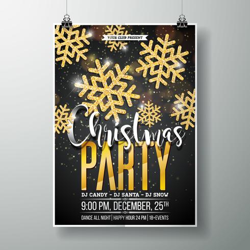 Vector Merry Christmas Party Poster Design Template with Holiday Typography Elements and Shiny Gold Snowflake on Dark Background.