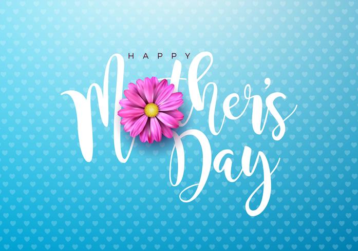 Happy Mothers Day Greeting card illustration with pink flower and typographic design on blue background. Vector Celebration Illustration template for banner, flyer, invitation, brochure, poster.