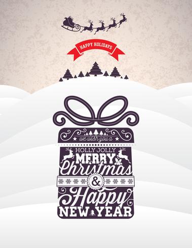 Vector el ejemplo del día de fiesta de la feliz Navidad y de la Feliz Año Nuevo con diseño tipográfico y los copos de nieve en fondo del paisaje del invierno.