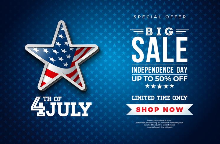 Fourth of July. Independence Day Sale Banner Design with Flag in 3d Star on Dark Background. USA National Holiday Vector Illustration with Special Offer Typography Elements for Coupon