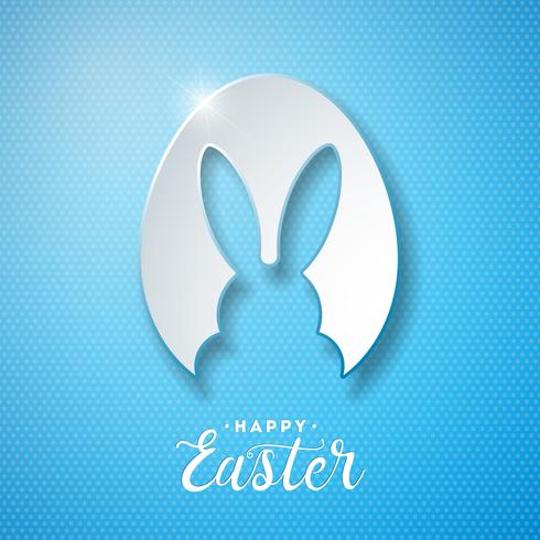 Vector Illustration of Happy Easter Holiday with Rabbit Ears in Cutting Egg and Typography Letter on Blue Background. International Celebration Design for Greeting Card, Party Invitation or Promo Banner.