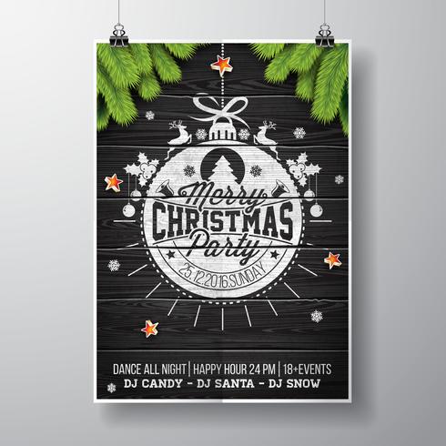 Vector el diseño de la fiesta de Navidad feliz con los elementos de la tipografía del día de fiesta y las estrellas brillantes en fondo de madera del vintage.