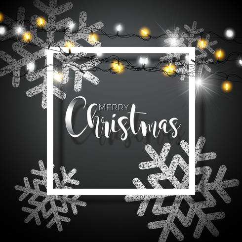 Fondo de Navidad con tipografía y brillantes copos de nieve y guirnaldas de luz de vacaciones sobre fondo negro. Vector ilustración de vacaciones