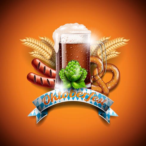 Ejemplo del vector de Oktoberfest con la cerveza oscura fresca en fondo anaranjado.