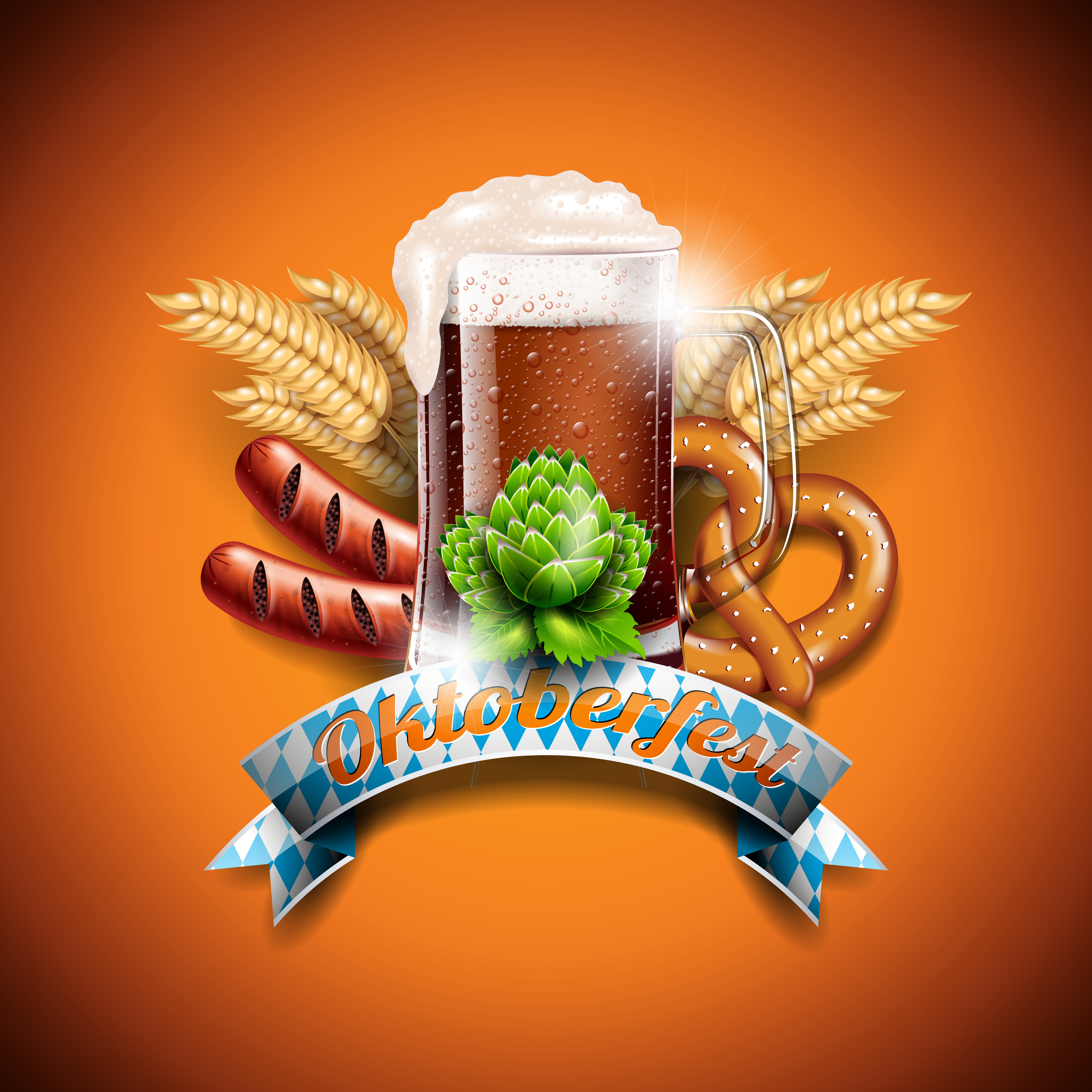 Oktoberfest vector illustration with fresh dark beer on orange