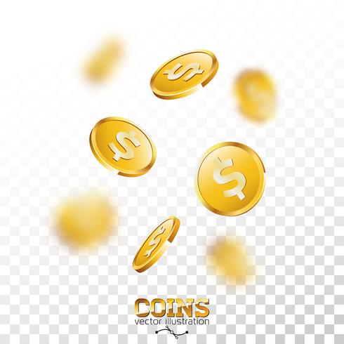 Ilustración realista de las monedas de oro en fondo transparente. Moneda que cae aislada con la muestra de dólar. Vector de concepto de diseño de éxito.