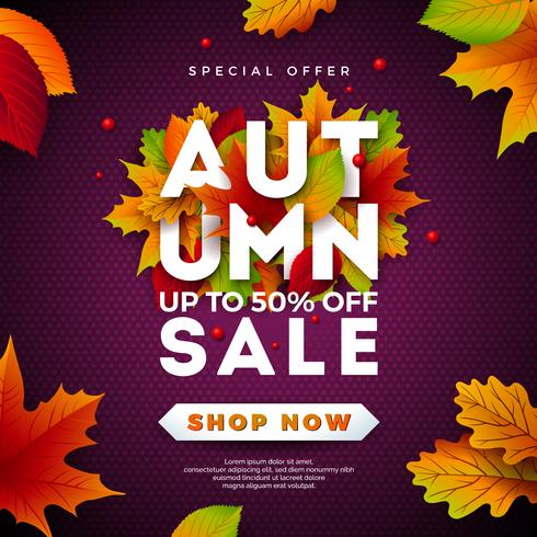 Autumn Sale Design with Falling Leaves and Lettering on Purple Background vector