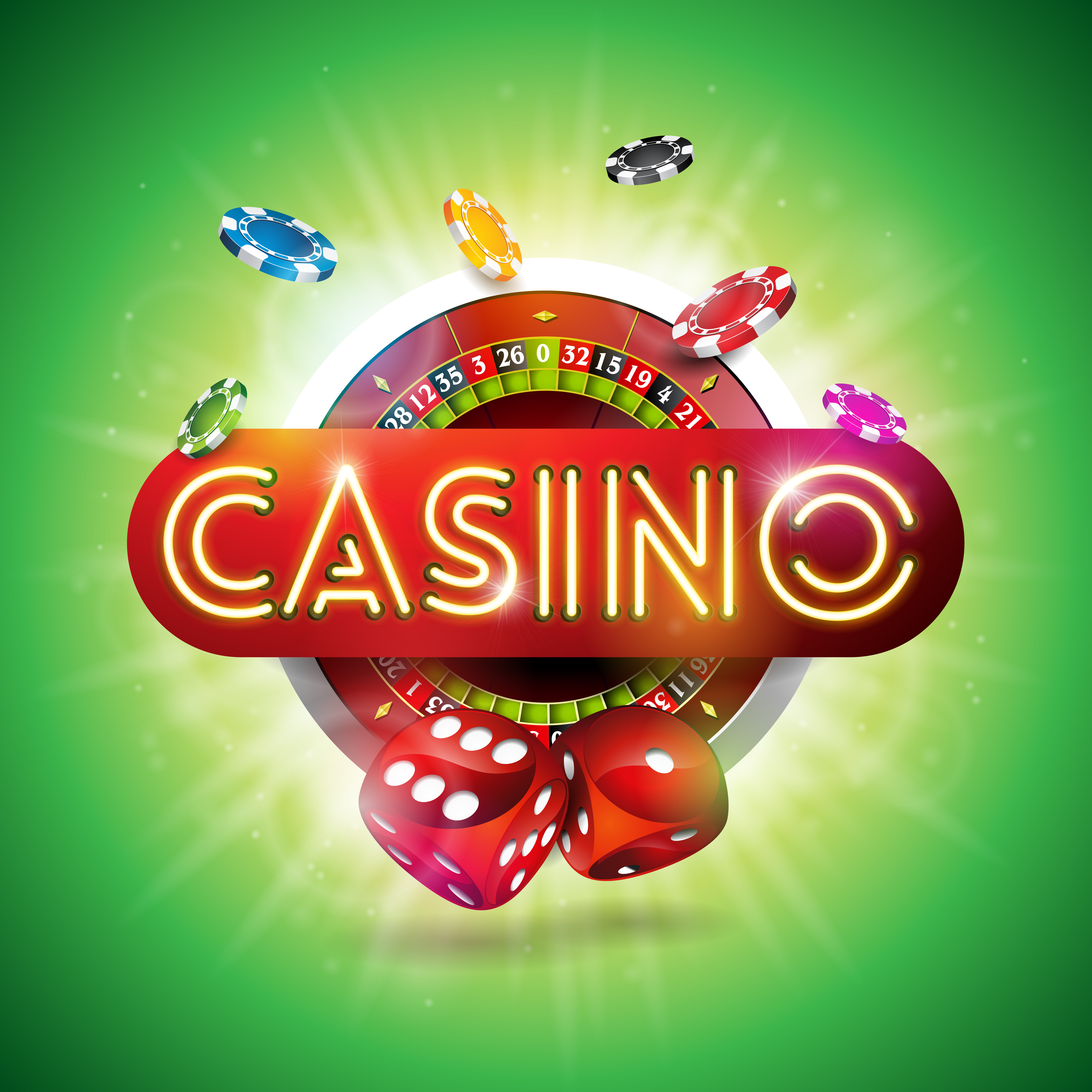 Premium Vector | Online casino gambling background with roulette, dice and poker cards.