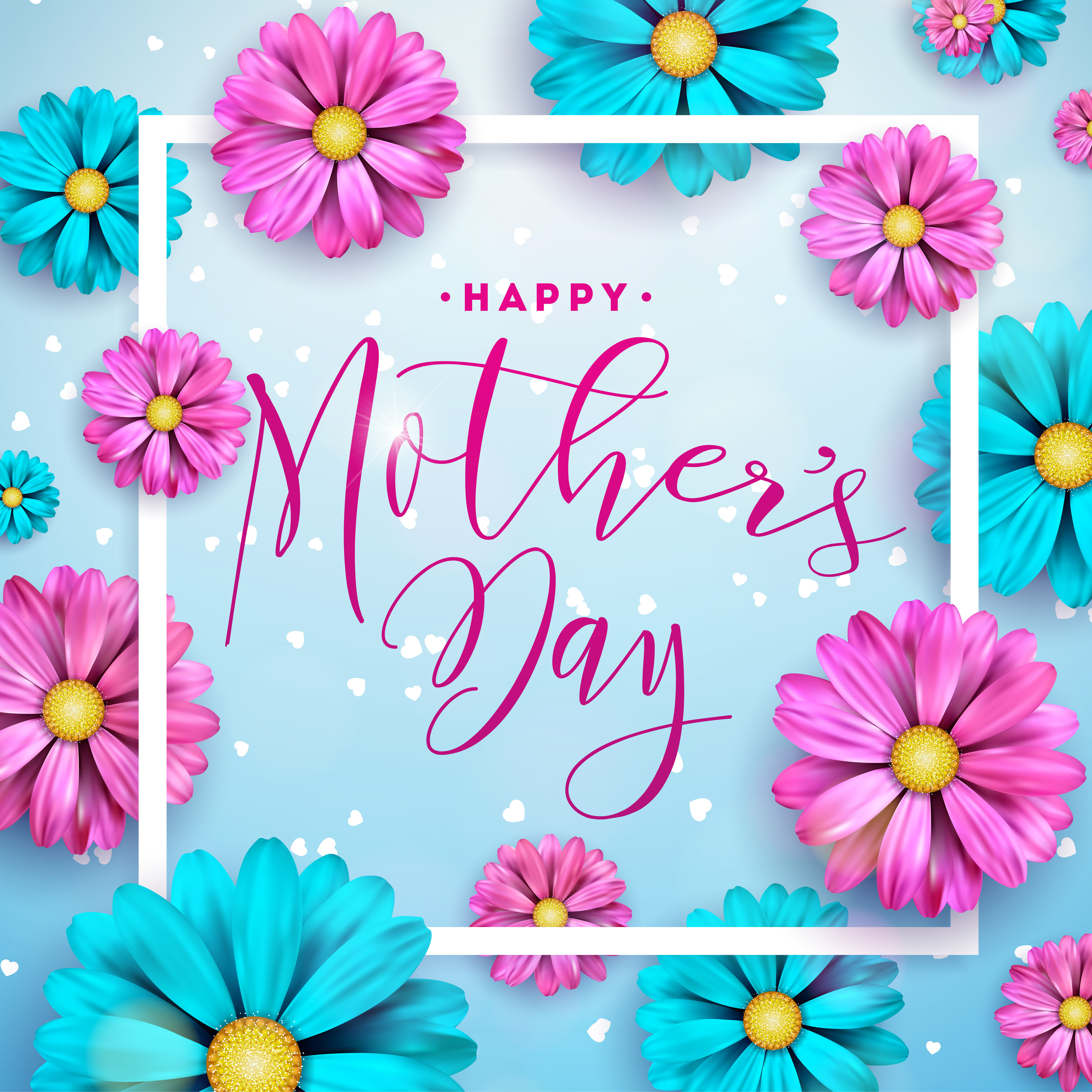 Happy Mothers Day Greeting Card Design With Flower And Typographic Elements On Blue Background