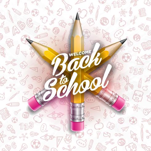 Back to school design with graphite pencil and typography lettering on white board background. Vector School illustration with hand drawn doodles