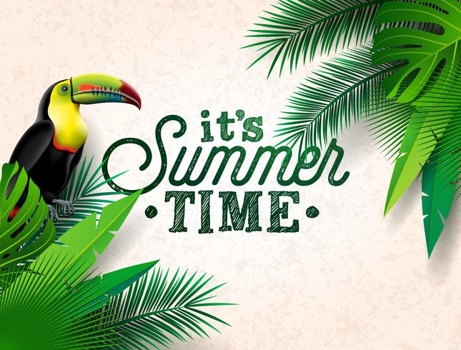 Vector Summer Time Holiday typographic illustration with toucan bird and flower on tropical plants background. Design template with green palm leaf for banner, flyer, invitation, brochure, poster or greeting card.