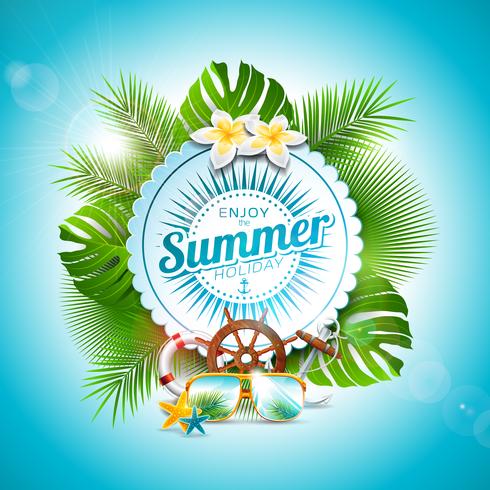 Vector Enjoy the Summer Holiday typographic illustration on white badge and tropical plants background. Flower, sunglasses and marine elements with blue sky. Design template for banner