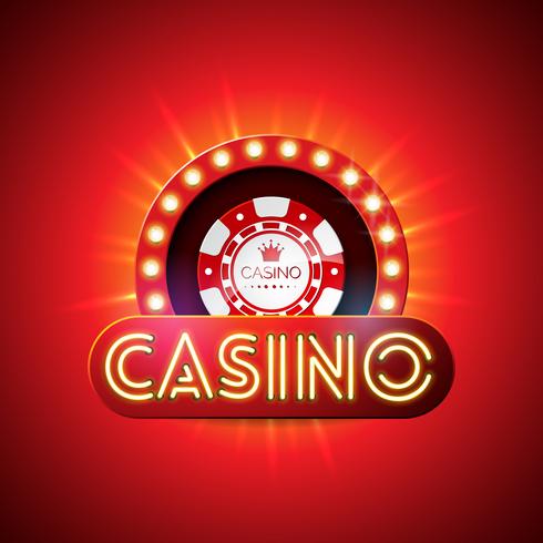 Ilustración del casino con la carta de la luz de neón y virutas que juegan en fondo rojo. Diseño de juegos de vectores con iluminación brillante para invitaciones o anuncios publicitarios.