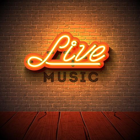Live music neon sign with 3d signboard letter on brick wall background. Design template for decoration, cover, flyer or promotional party poster. vector