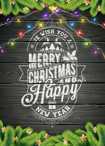 Merry Christmas and Happy New Year Illustration on Vintage Wood Background with Typography and Holiday Elements, Vector EPS 10 design.