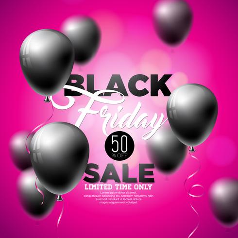 Black Friday Sale Vector Illustration with Shiny Balloons on Violet Background.