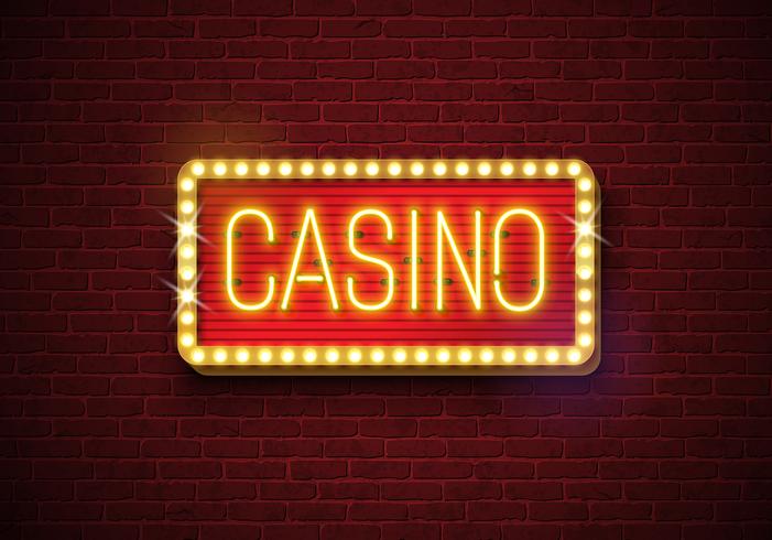 Casino neon sign illustration on brick wall background. Vector light banner or bright signboard design.