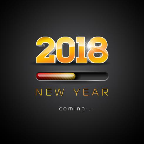 Ilustración que viene del año nuevo 2018 con número 3d y barra de progreso en fondo negro. Vector Holiday Design