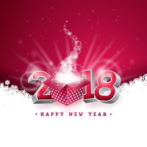 Vector Happy New Year 2018 Illustration with Gift Box and 3d Number on Shiny Red Background. Holiday Design for Premium Greeting Card, Party Invitation or Promo Banner.