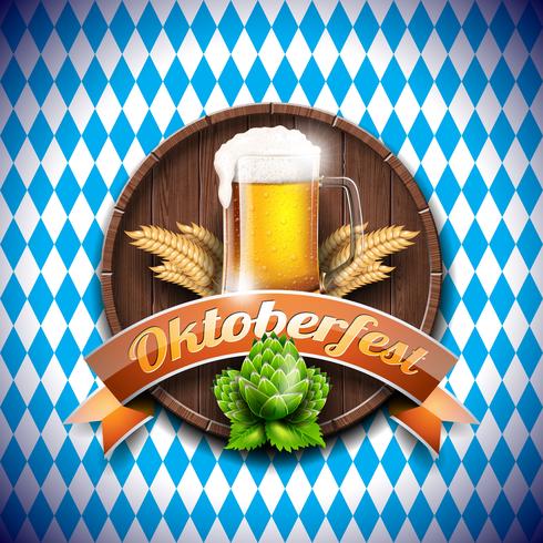 Oktoberfest vector illustration with fresh lager beer on blue white background. Celebration banner for traditional German beer festival.