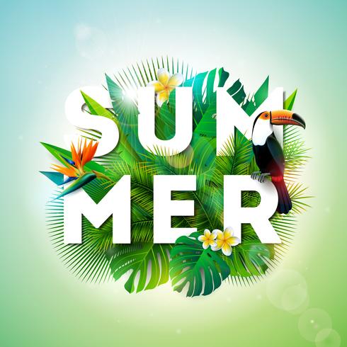 Summer illustration with toucan bird and parrots beak flower on tropical background. Exotic leaves with holiday typography element. Vector design template