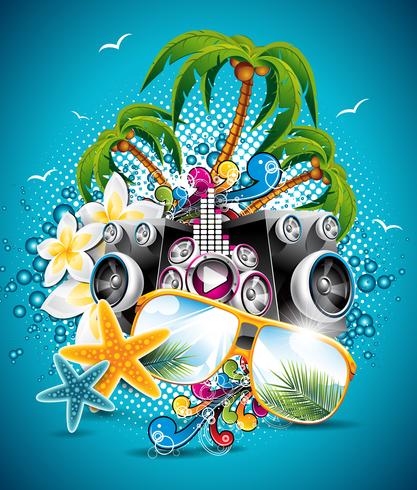 Vector Summer Holiday Flyer Design with palm trees and speakers on blue background