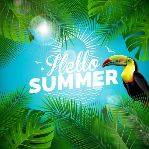 Vector el ejemplo tipográfico de las vacaciones de verano con el pájaro del tucán y las plantas tropicales en fondo azul. Plantilla de diseño con hoja de palma verde para banner.