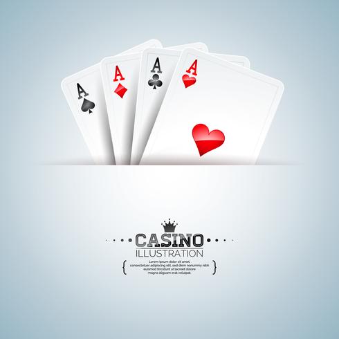 Vector la ilustración en un tema del casino con las tarjetas del póker en fondo limpio. Diseño de juego para cartel, tarjeta de felicitación, invitación o banner promocional.