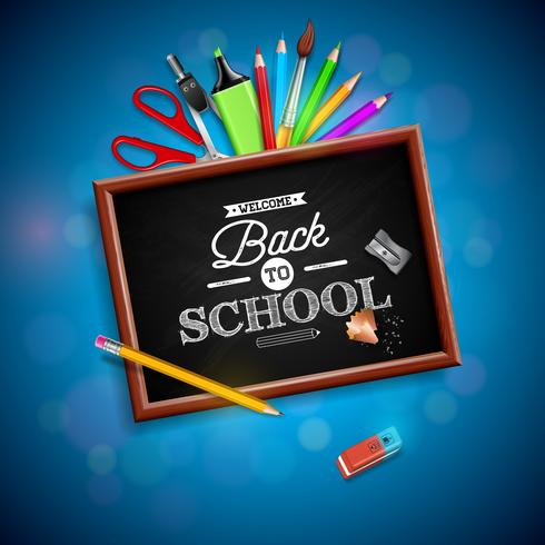 Back to school design with colorful pencil, eraser and other school items on blue background. Vector illustration with chalkboard and typography lettering